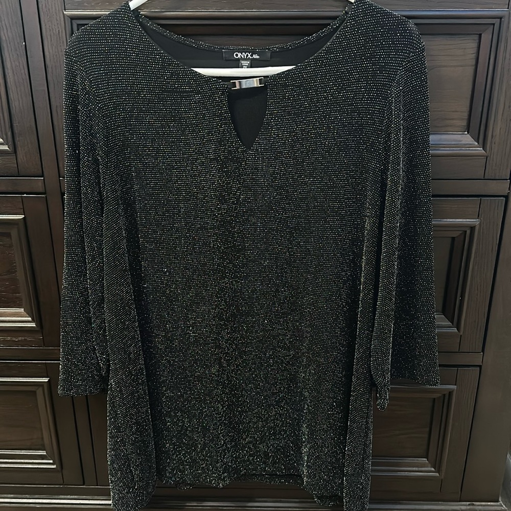 Onyx Nite 2X Three Quarter Sleeve Black and Silver Sparkles Dressy Blouse